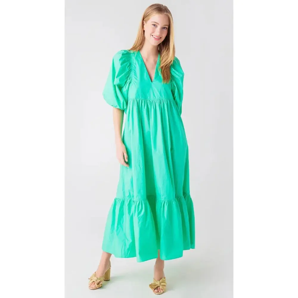 Hunter Bell Palmer Midi Maxi Puff Sleeve Ruffle Dress Emerald Green Tuckernuck - Picture 2 of 9